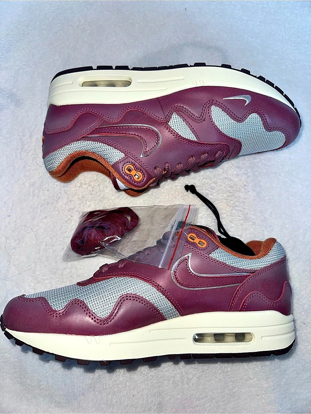 New Mens Nike Patta Air Max 1 Rush Maroon Colorblock Leather Sneakers DO9549-001